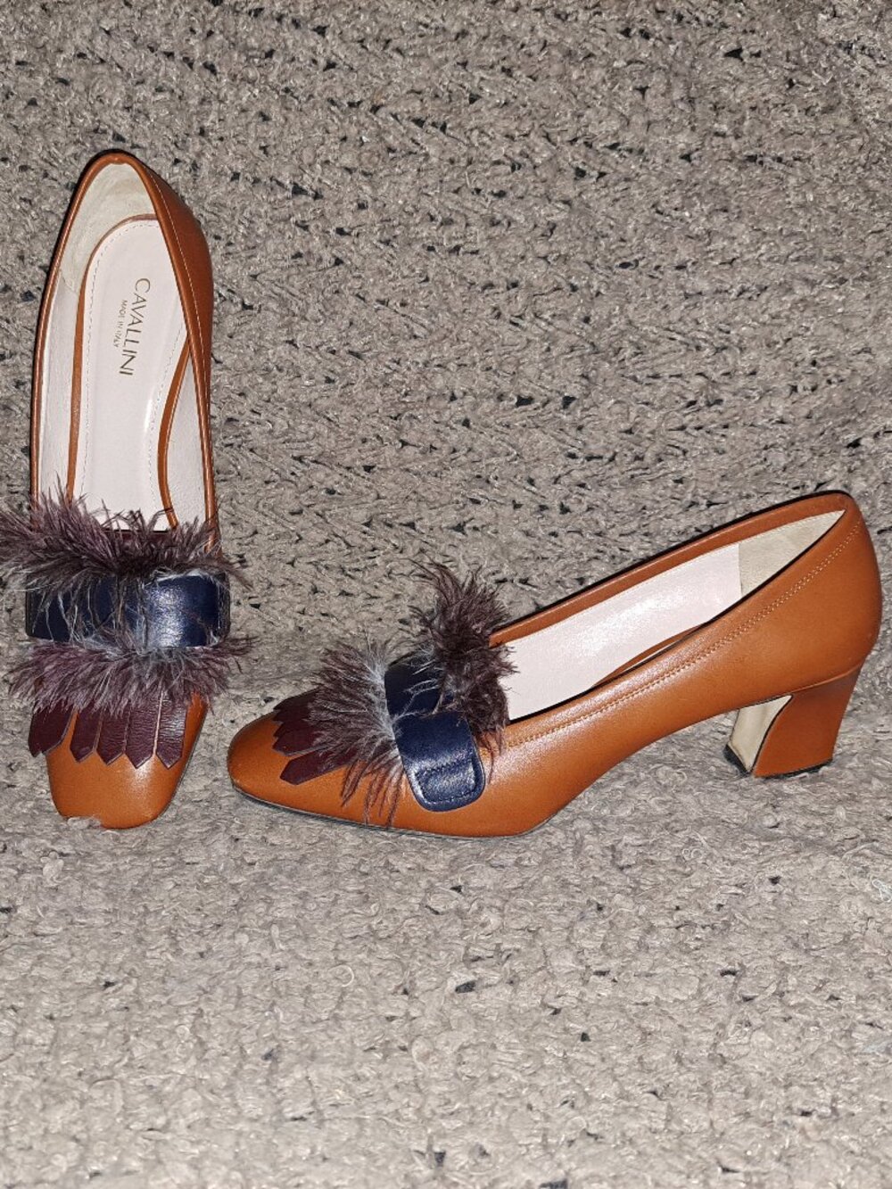 CAVALLINI-Chestnut Leather-Dk Brown Kiltie-Blue Strap-Feathered Pumps-Sz 39-EX